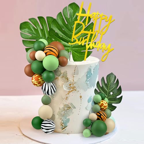 38pcs Jungle Safari Cake Topper Set with Leaves and Foam Balls for Wild Themed Birthday Decorations