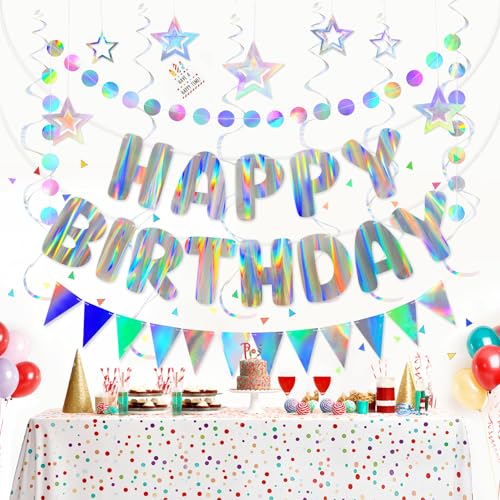 Iridescent Birthday Decorations Set with Happy Birthday Banner