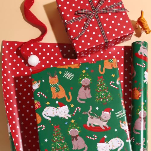 Reversible Christmas Cat Wrapping Paper Roll - 17 x 33 Ft, Holiday Gift Wrap, Pet Lover Gift Wrap, Pack of 1
