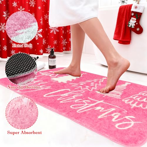Pink Christmas Bathroom Rug 31.5x19.7 Inch Non-Slip Bath Mat with Xmas Tree Pattern