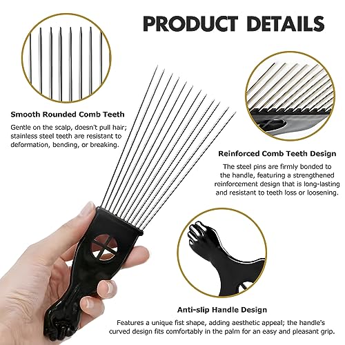Kootinn 3-Piece Stainless Steel Afro Hair Pick Set with Fist Handle