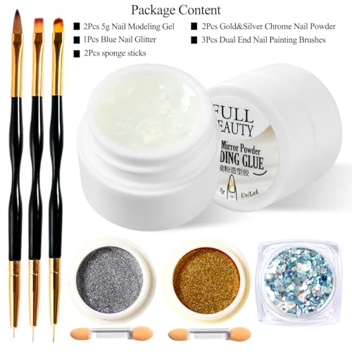 SUTOZMIWE 3D Nail Gel Kit, Semi-Solid Sculpting Gel with Chrome Powder & Brushes