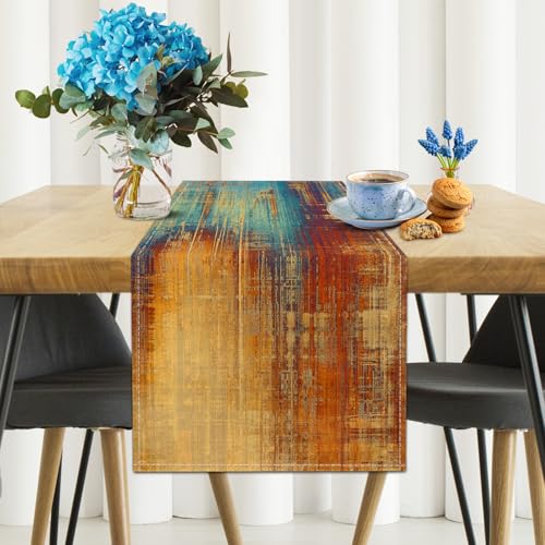 Blue Orange Rustic Farmhouse Linen Table Runner - 13x108 Inch for Dining & Home Decor