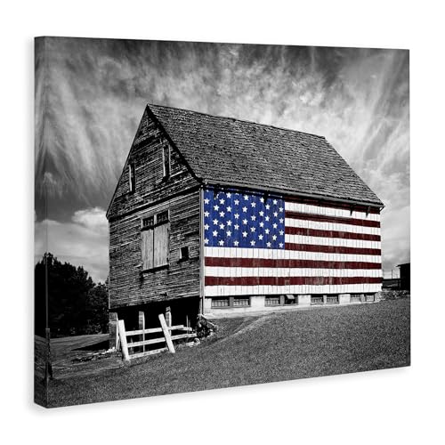 Stupell Industries sca-148-Wall-Art Black and White Farmhouse Barn American Flag, Wall Art, 16 in x 20 in, Design by Artist James Mcloughlin, Gallery Wrapped Canvas