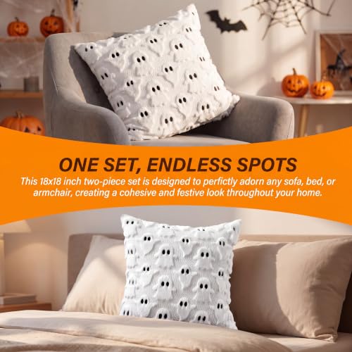 HOSHEN HOME 3D Ghost Faux Fur Pillow Covers, White 18x18 Inch Set of 2