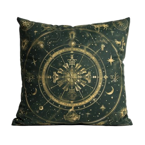 Dark Green Celestial Velvet Pillow Cover 18x18, Boho Sun Moon Astrology Print