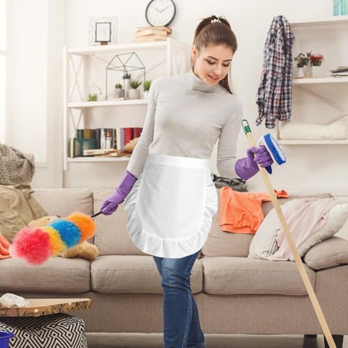 2 Pcs Women's White & Black Half Maid Apron Set - Retro Ruffle