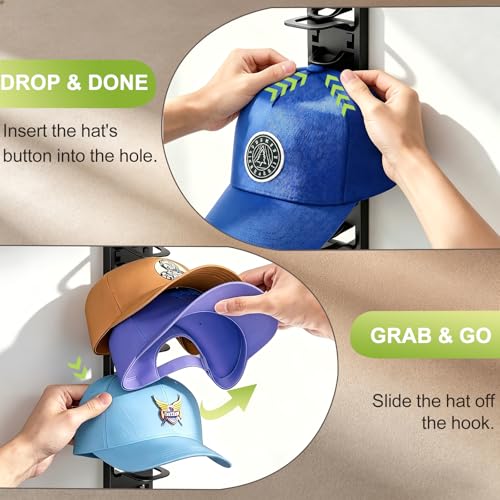 Hat Organizer for Baseball Caps - Black 2 Pack, Wall-Mounted Storage