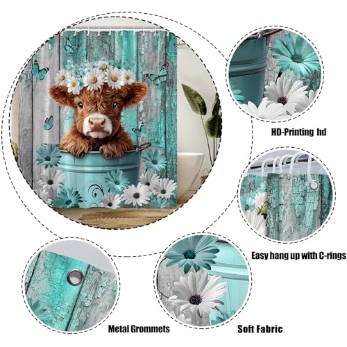 Highland Cow Shower Curtain 70x70 Inches - Teal Floral Design