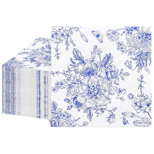 NatNarr 100 Pack Blue Floral Cocktail Napkins - Vintage Chinoiserie Design for Weddings & Showers