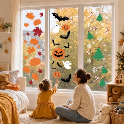 Glitter Fall Halloween Christmas Window Clings - 9 Sheets Decorative Holiday Stickers