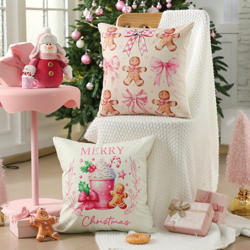 Colingmill 4-Pack Pink Gingerbread Christmas Pillow Covers 18x18