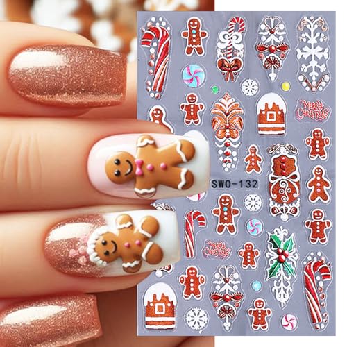 Christmas Nail Stickers 5D Embossed Winter Snowman Gingerbread Decals 2 Sheets
