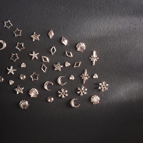 BUNNIEBEAUTY Rose Gold Nail Charms Kit with Star and Moon Shapes, Tweezers, and Pick-Up Pencil