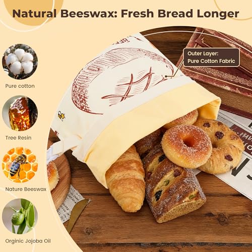 Beeswax Food Storage Bags - Reusable Cotton Bread Bags for Sourdough, 17x13 inches, 2 Pack