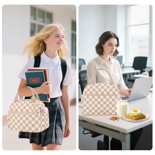 KUBYA Corduroy Insulated Lunch Bag for Women, Medium 10L Brown Girds