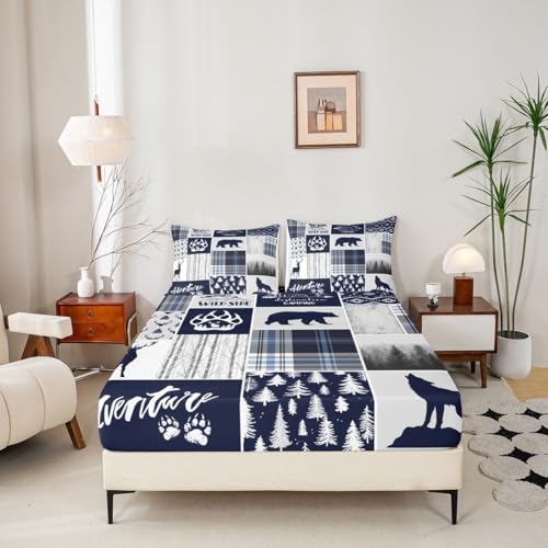 Kids Queen Size Bedding Set - Deer Bear Wolf Hunting Adventure Geometric Plaid Blue Christmas 4pcs