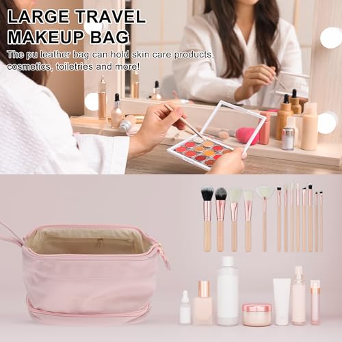 GLIDESMOOTH Double Layer Travel Makeup Bag - Waterproof PU Leather Toiletry Organizer with Brush Compartment, Pink