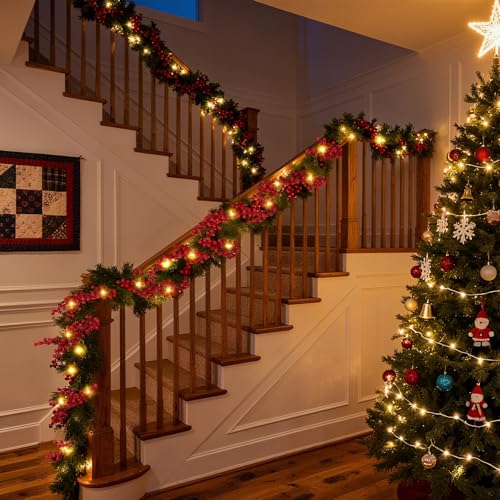 2 Pack 8.9ft Christmas Red Berry Garland with String Lights - Holiday Decor