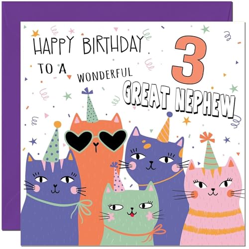 3rd Great Nephew Birthday Card - Cute Cat Design with Envelope