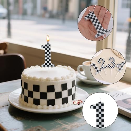 Racing Car 1st Birthday Candle - Black & White Checkered Design