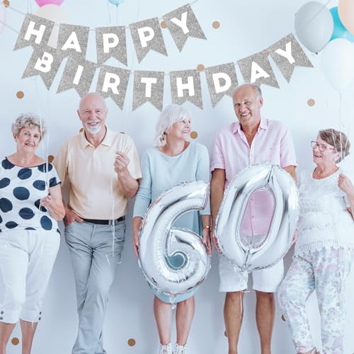 Silver Happy Birthday Banner for All Ages - Party Decoration Garland