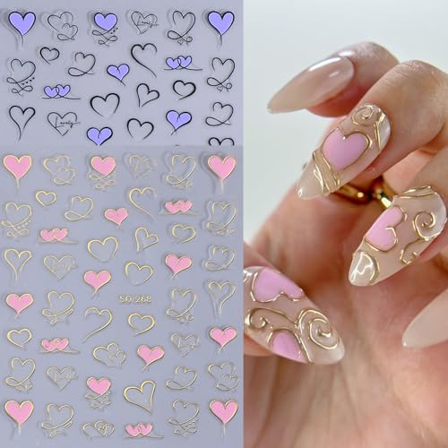 Valentine Heart Nail Art Stickers - 6 Sheets 3D Self-Adhesive Decals