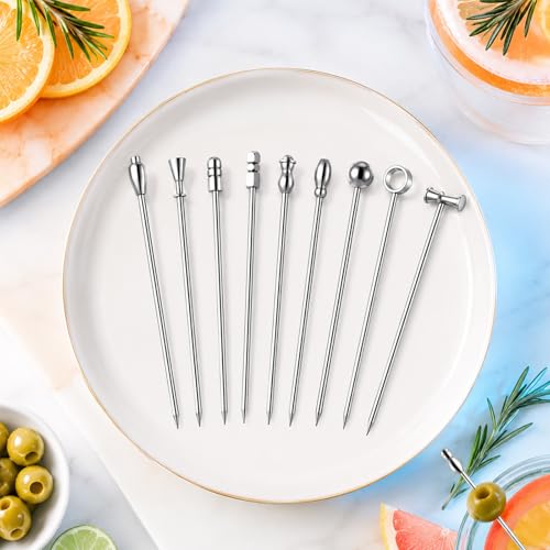 9-Piece Stainless Steel Cocktail Picks Set - Reusable Garnish Skewers