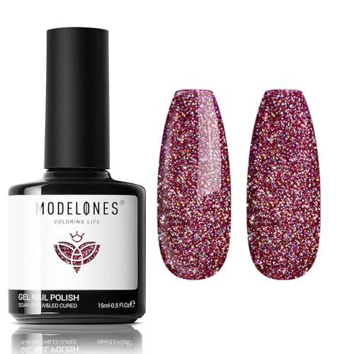 Modelones Glitter Gel Nail Polish Burgundy Red Pastel Soak-Off UV 15ml