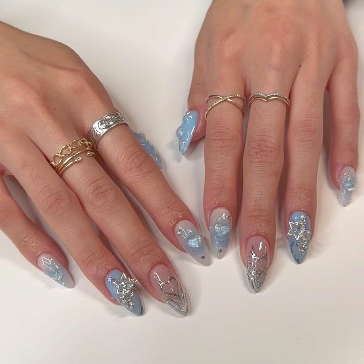 Blue Almond Press On Nails with 3D Stars and Heart Charms - 24 Pcs