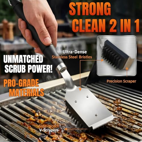 PHYUKEY Grill Brush with Scraper - 13-Inch Heat-Insulated BBQ Cleaning Tool