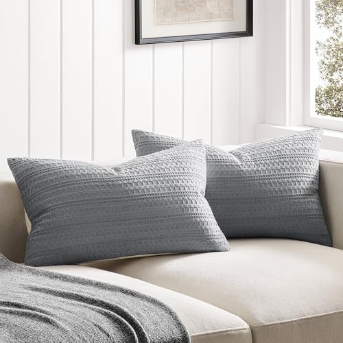 ZeeMart Blue Ashes Waffle Lumbar Pillow Covers Set of 2 20x12 Inches, Cotton