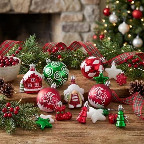 Valery Madelyn Christmas Ornaments Set - Red, Green & White Whimsical Holiday Decorations, 50 pcs