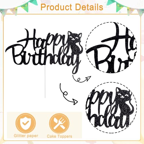 Cat Themed Birthday Cake Topper - Glitter Happy Birthday Decoration