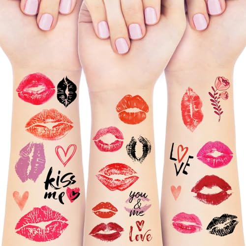 KYLELOVE Lip Temporary Tattoo 12 Sheets - Red Heart & Kiss Face Stickers