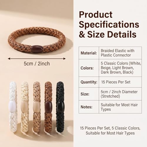 QUUPY 15-Piece Braided Hair Ties, Multicolor Elastic Ponytail Holders