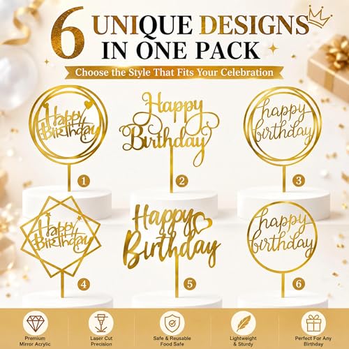 6PCS Gold Mirror Acrylic Happy Birthday Cake Toppers Set