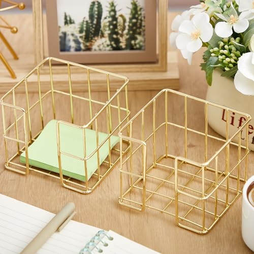 Gold Metal Sticky Note Holder Set - 2 Pcs Memo Cube Dispenser