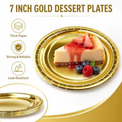 50 Pack Gold Paper Plates - 7 Inch Disposable Dessert Plates for Parties