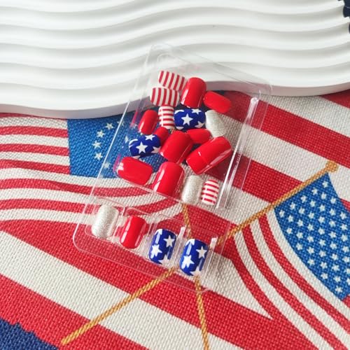 4th of July Press on Nails Short Square Silver Glitter Fake Nails