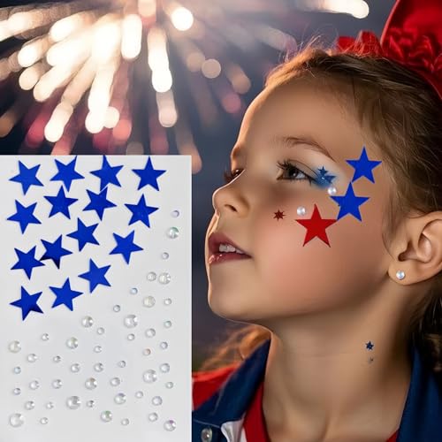 Star Face Gems Stickers - 3 Sheets Red, Silver & Blue Rhinestones for Makeup, Festivals and Parties