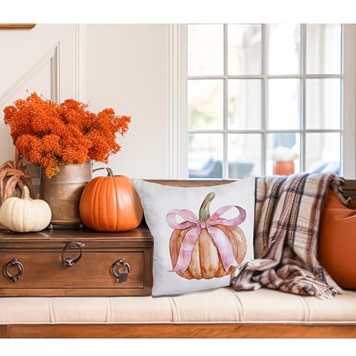 Pumpkin Pillow Covers with Coquette Pink Bow - 18x18