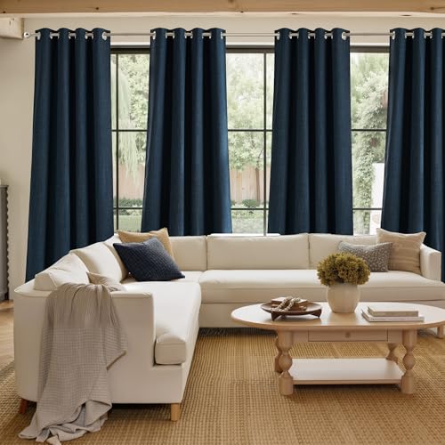 NICETOWN Navy Blue Faux Linen Blackout Curtains - 63" Grommet Panels for Privacy