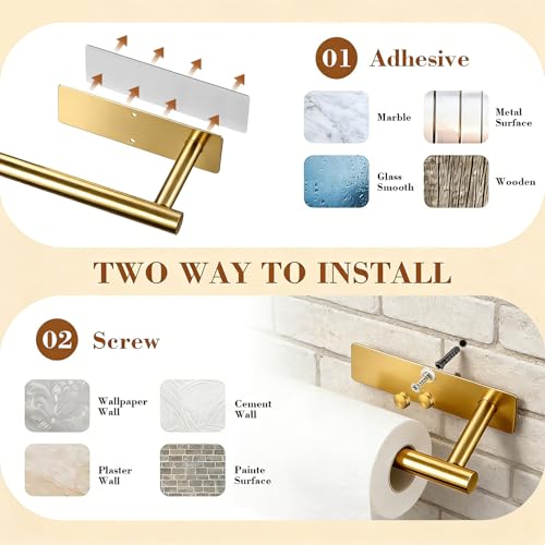 Gold Stainless Steel Under Cabinet Paper Towel Holder - Self-Adhesive Wall Mount Kitchen & Bathroom Organizer