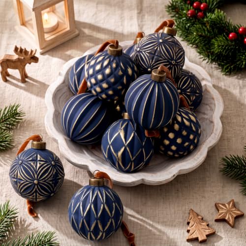 Navy Blue Vintage Christmas Ball Ornaments Set - 12 Pack with Gold Accents
