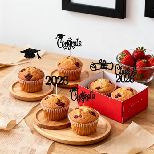 2026 Graduation Cupcake Toppers - 30 PCS Glitter Picks
