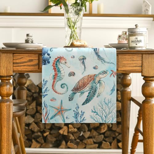 Coastal Table Runner 13x72 Inches | Sea Turtle & Seahorse Design