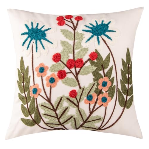 Floral Embroidered Throw Pillow Cover 18x18 Spring Decorative Cushion Case
