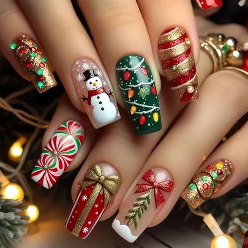 Christmas Press On Nails Medium Coffin Snowman False Nails 24Pcs