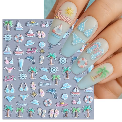 IDDFEVE 5D Embossed Summer Nail Stickers - Tropical Beach Palm Tree & Wave Decals (2 Sheets)